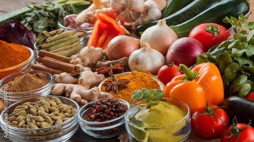 Wallpaper Mural A vibrant display of fresh vegetables and spices, including garlic, peppers, and various herbs, artfully arranged on a wooden surface. Torontodigital.ca