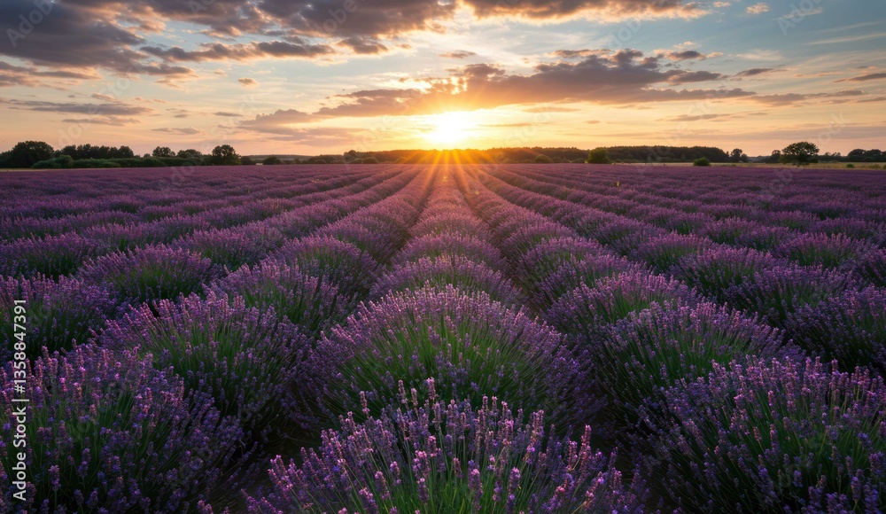 Naklejka premium Lavender field at sunset, vibrant purple flowers under a colorful sky,