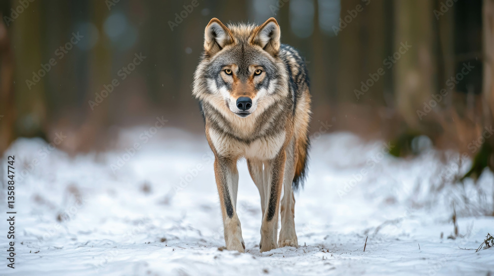 Obraz premium Majestic Wolf Walking Through Snowy Forest Underneath Tall Trees in Winter Landscape