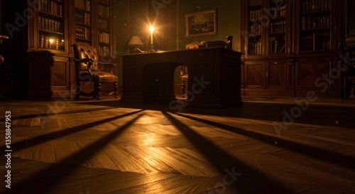 Mysterious Dark Library Interior with Antique Desk Candlelight and Wooden Floor