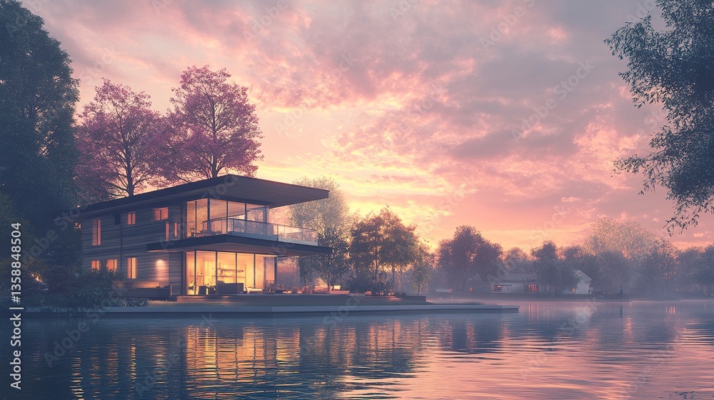 Fototapeta premium Riverside home sleek modern design glowing warmly in the evening river reflections soft pastel sky 3D rendering with wide framing.Riv 