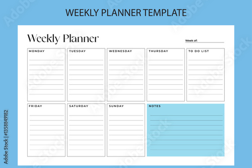 Vector weekly planner template clean and aesthetic style. Organizer your days and weeks. Abstract modern, blue color. Daily organizer