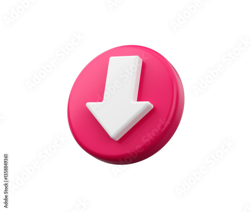 3D White downward arrow on Pink icon, symbolizing download or downward direction, 3d illustration