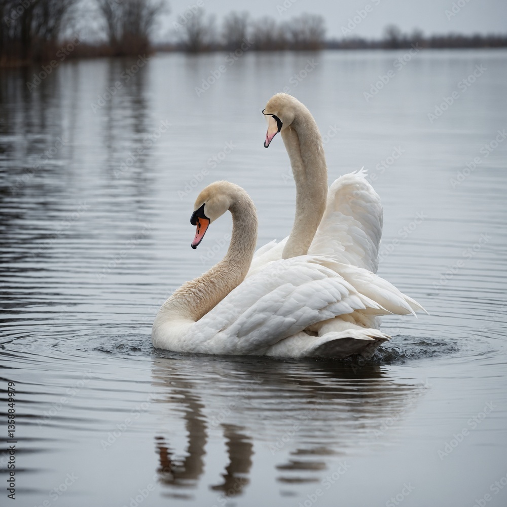 A majestic white swan gliding gracefully on a reflective water surface, isolated on a white background.
A majestic white swan gliding gracefully on a reflective water surface, isolated on a white background.