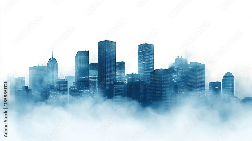 Fototapeta premium Silhouetted city skyline in thick fog glowing windows peeking through horizontal seamless composition soft gradients neutral white background. 