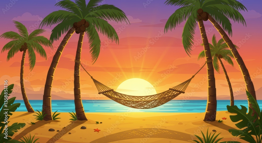 Fototapeta premium Tropical beach sunset with hammock between palm trees