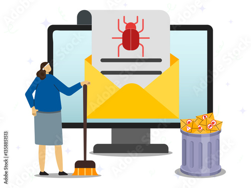 Cleaning spam and bugs in email concept. A woman standinh in front of monitor displaying a malicious email while holding broom used to sweep the malicious email into the trash.
