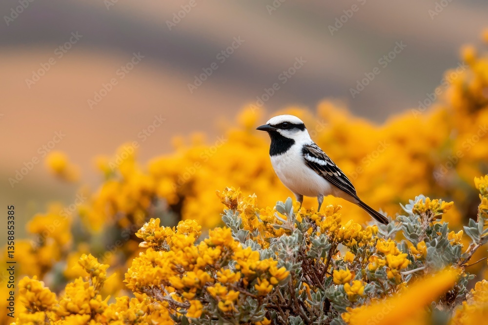 Obraz premium Bird rests on a flowering shrub in mountainous terrain, backdrop for nature themes