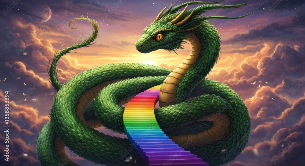 Fototapeta premium Majestic Green Dragon Coiled Around Rainbow Staircase to Heaven Fantasy Art