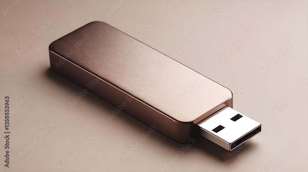 Metallic USB flash drive rests on a textured surface, suggesting a modern and functional storage tool for data transfer. Used for uploading files. Metallic USB flash drive rests on a textured surface, suggesting a modern and functional storage tool for data transfer. Used for uploading files.
