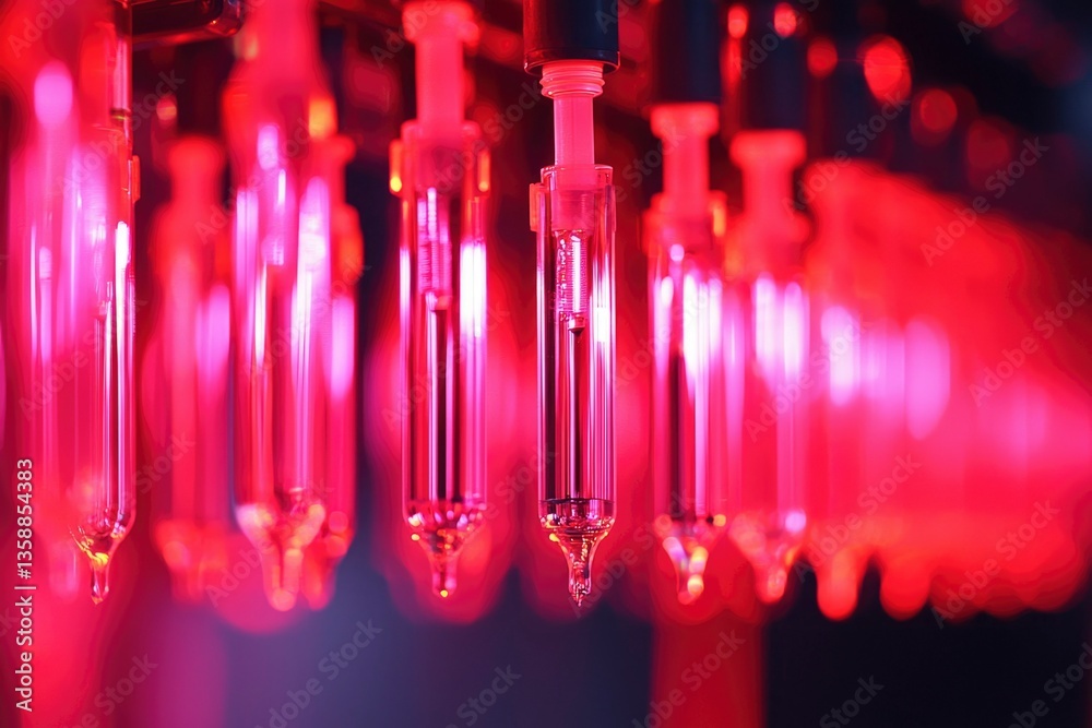 Fototapeta premium Automated liquid vial filling in a laboratory with red lights, for research