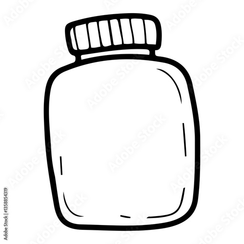 Container with sports protein. Hand drawn doodle. Food supplement. Muscle building. Healthy lifestyle. Plastic jar with lid. Vector line art illustration.