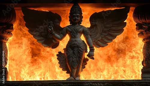A stone statue of a winged figure in fiery surroundings