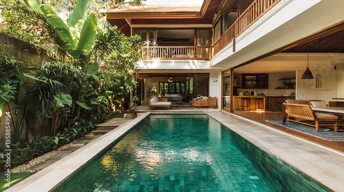 Wallpaper Mural Spacious luxury villa with infinity pool blending into a lush green setting tropical plants swaying gently bright and airy design. -  Torontodigital.ca