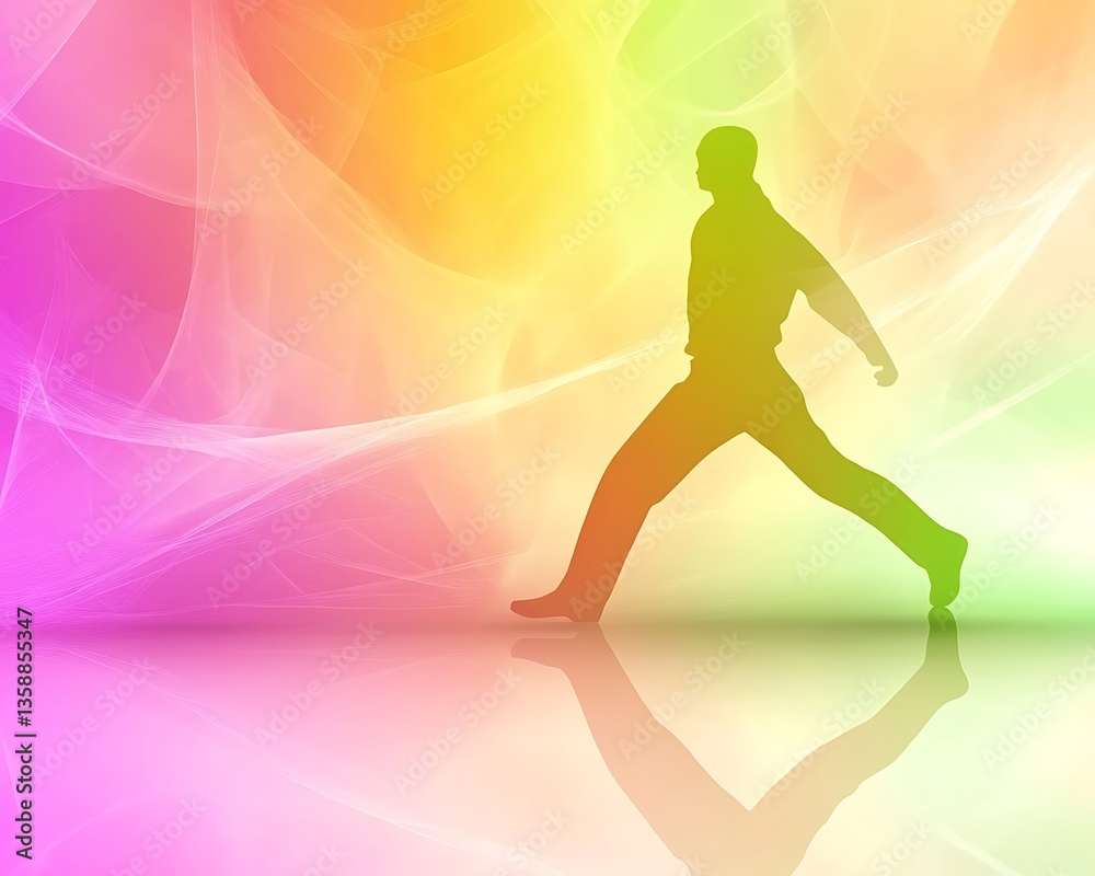 A colored silhouette of a person walking across a vibrant background A colored silhouette of a person walking across a vibrant background
