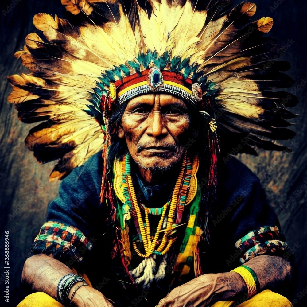 Obraz premium Colorful depiction of a traditional shaman engaging in spiritual practices.