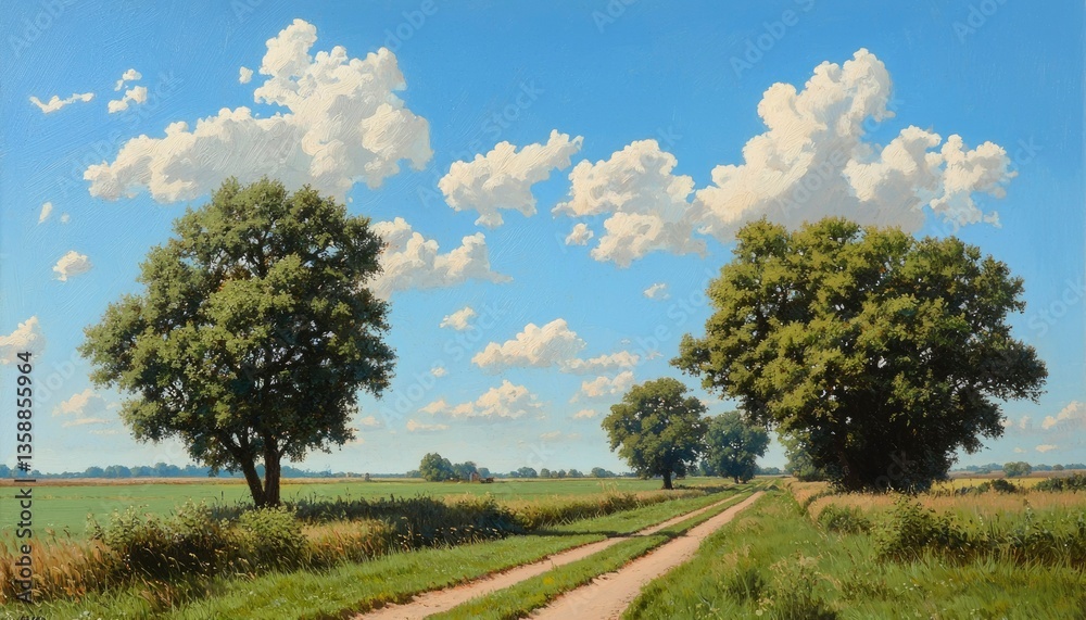 Road view of trees & green field under blue sky for nature background use Road view of trees & green field under blue sky for nature background use