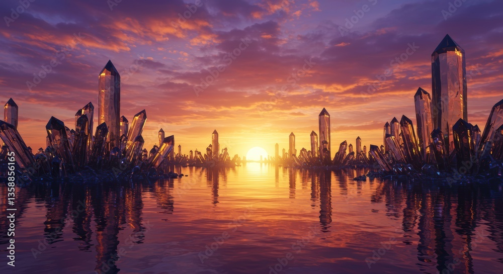 Fototapeta premium Crystal Cityscape at Sunset Stunning Fantasy Landscape with Reflective Water and Giant Crystals