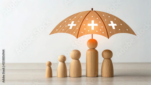 A minimalist wooden family figurine with a large umbrella hovering over them, featuring a medical plus sign and a soft glow for a sense of safety.