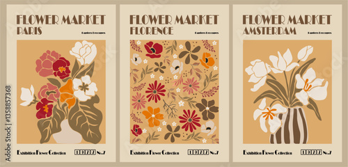 Set of abstract Flower Market posters. Trendy botanical wall arts with floral design in retro 70s colors. Modern naive groovy funky interior decorations, paintings. Vector art illustration