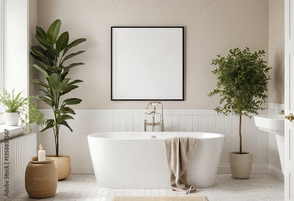 Fototapeta premium Modern Bathroom Interior with Freestanding Tub and Plants