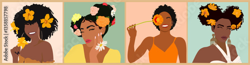 Set of different Abstract women portraits. Beautiful happy girls with flowers. Fashion vector illustration cartoon style isolated on neutral background. Vacation mood, feminine concept.