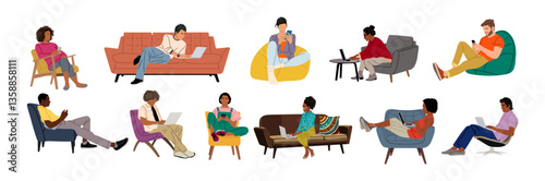 Set of different people working on laptop, using phone, sitting on armchair, sofa. Freelance, Online, distant, remote, hybrid work, learning concept. Vector illustrations