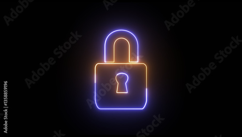 Glowing blue and yellow neon simple padlock lock. Lock icon protection safety security privacy password circle closed sign symbol