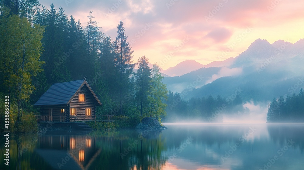Obraz premium Tranquil wooden house by a lake in the forest mist-shrouded mountains beyond dusk sky painted in warm and cool tones peaceful setting. 