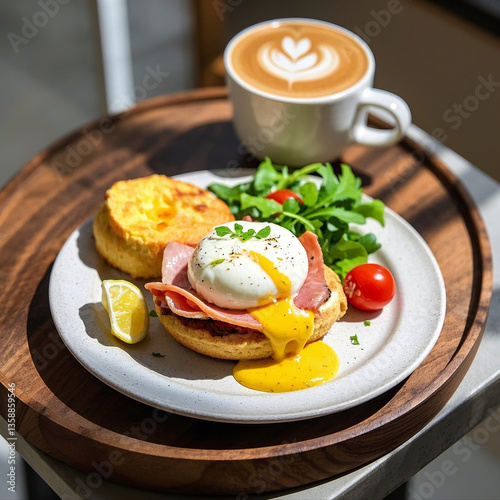 Gourmet Eggs Benedict with Latte – Elegant Breakfast Delight