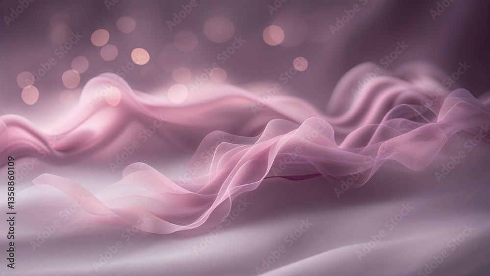 Fototapeta premium Soft pink fabric gracefully flowing over a smooth surface with a subtle bokeh background creating an elegant atmosphere