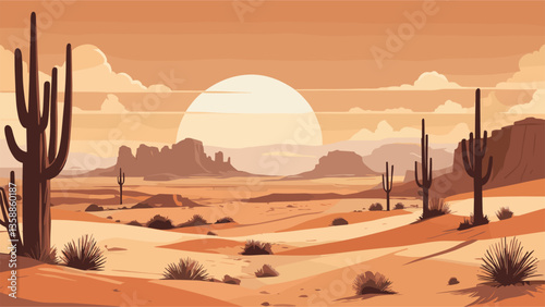 Desert landscape abstract art background. Texas western mountains and cactuses. Vector illustration of Wild West desert with red sky and sun. Design element for banner, flyer, card, sign template.