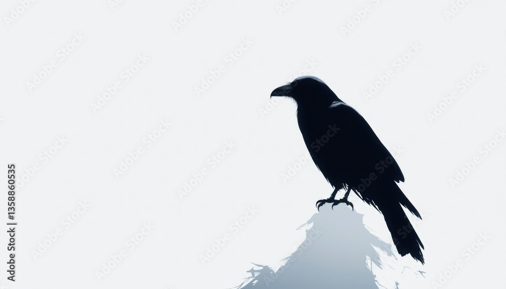 Obraz premium Crow perches silently atop a bush against a light background, symbolizing solitude