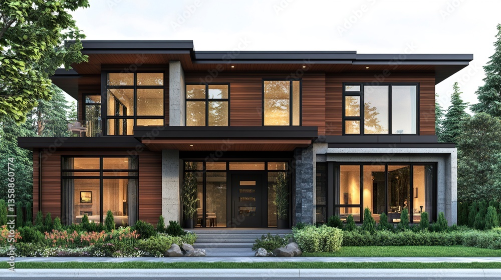 Fototapeta premium Upscale modern house featuring wood and concrete materials, large windows, and a rooftop terrace perfectly rendered on a white background 
