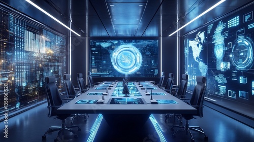 Futuristic command center with glowing screens and a large table for meetings