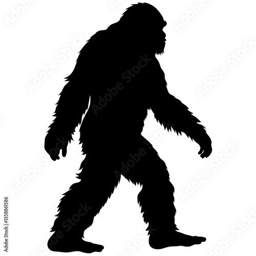 A mysterious Bigfoot silhouette striding through the wilderness, a powerful black figure against a stark white background.