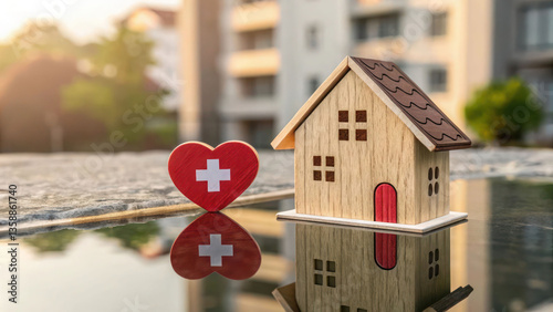 A wooden house figurine with a red heart and a medical cross icon on a reflective surface, representing access to quality healthcare and financial protection.