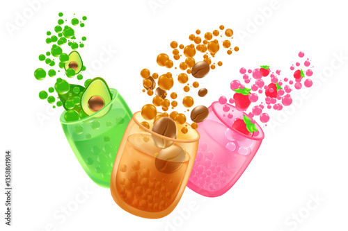 Cute 3D bubble tea drink cup set with different boba tea flavors isolated, transparent PNG. Flowing strawberry milk tea, coffee, avocado boba tea decoration. Great for menu, delivery price.