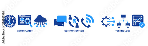 Information and Communications Technology (ICT) Banner with icon of antenna, radio, network, website, database, cloud, server, data, electronic, and processor 