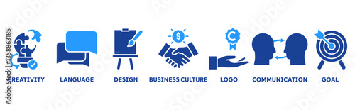 Corporate identiy icon set illustration concept with icon of creativity, language, design, business culture, logo, communication and goals 