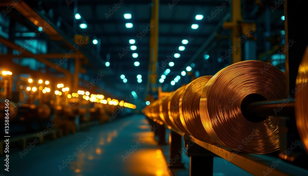 Obraz premium Industrial wire spools at factory, production line, warm light background, metal work