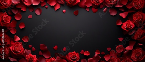 Red Rose Petals & Hearts on Black Background.