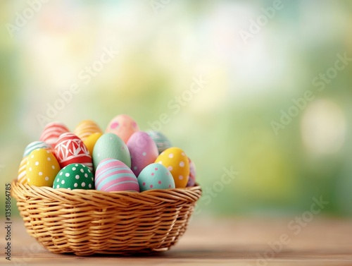 Closeup of woven picnic basket filled with shiny easter eggs in sunlight on spring meadow grass creating traditional rustic holiday symbol of joy celebration and seasonal nature
