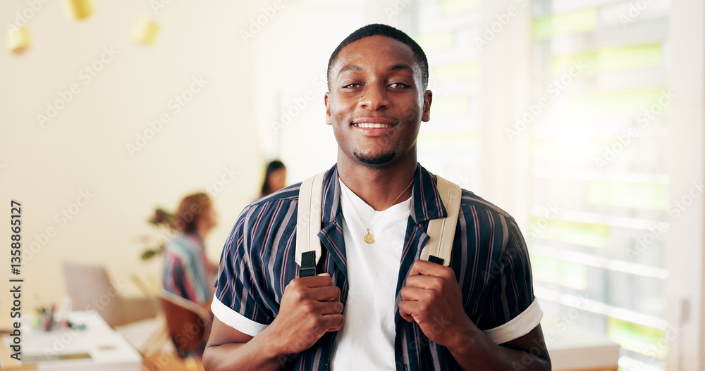 Obraz premium College student, man and portrait with backpack, smile and ready for back to school, learning or development. Person, happy and confident with pride for scholarship, education and bag at university