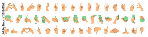 Big collection of hand gestures in various positions. Trendy vector illustration set. Heart shape, numbers, palm and fist. Hand holding phone, ball and pen