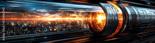 A futuristic cylindrical tunnel showcasing a glowing city and energy