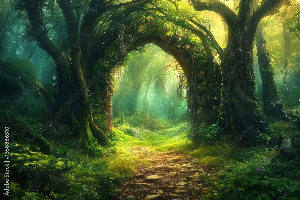 Naklejka premium Enchanting teleport portal in a magical forest setting.