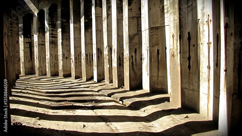 Concrete Structure With Shadowy Light Illuminating Vertical Support Beams