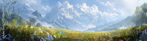 beautiful grassland surrounded by snowcapped mountains