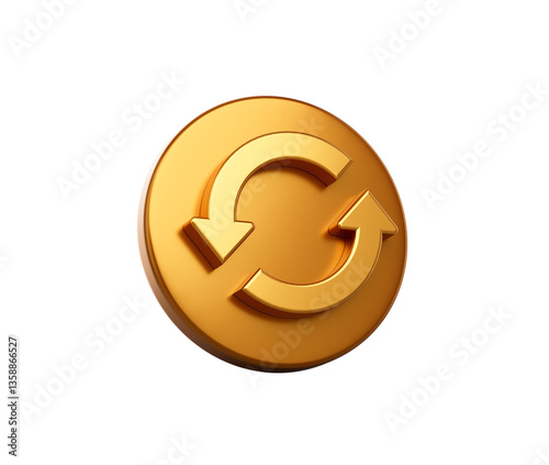 Obraz na płótnie Golden circular button with a refresh icon featuring two curved arrows, 3d illustration